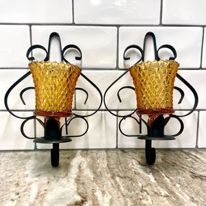 MCM Black Metal Wrought Iron Wall Sconces with Diamond Cut Amber Glass Votives
